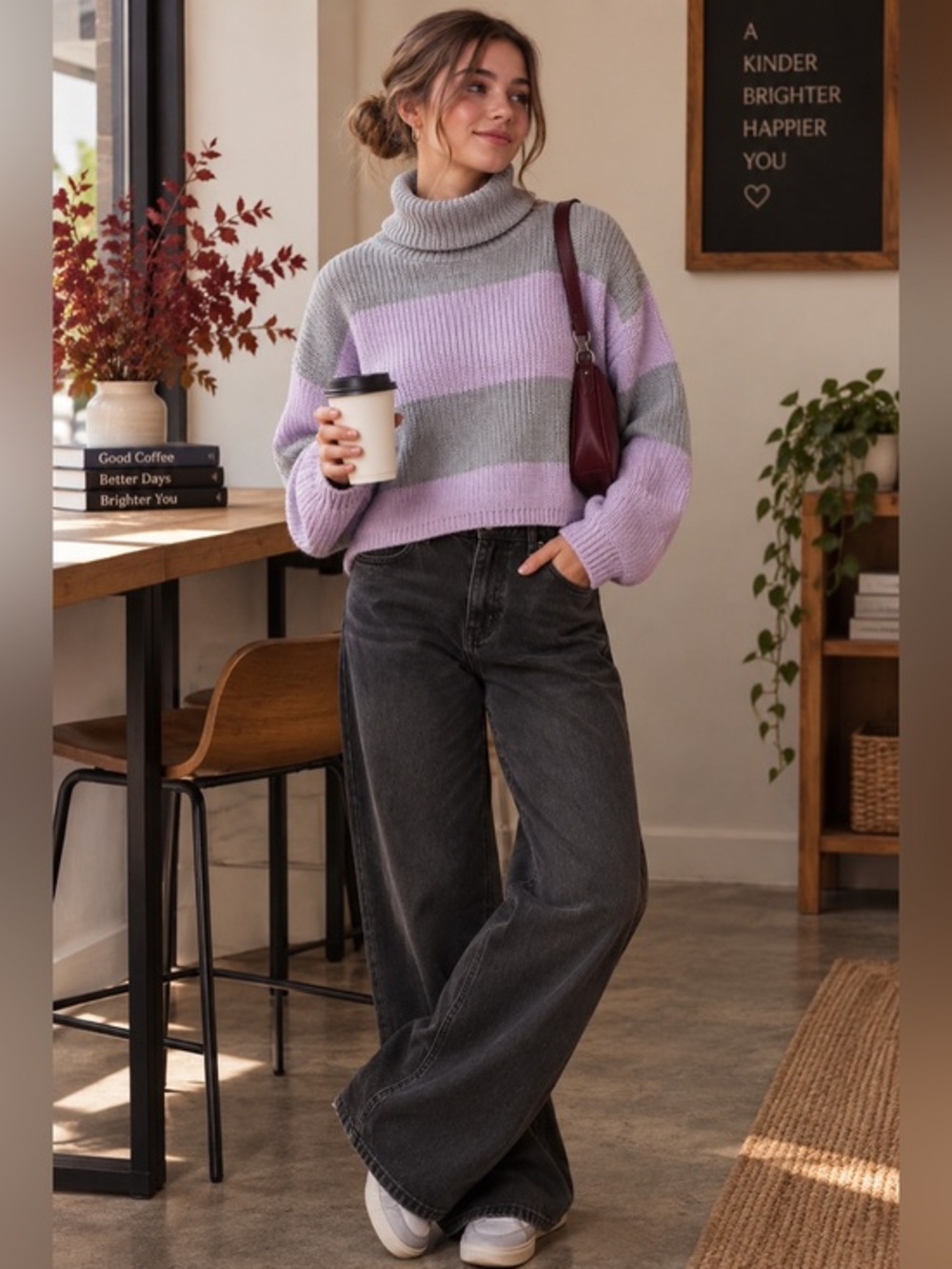 PrettyLittleThing Lilac Gray Turtleneck Sweater L Oversized Campus Fall Brunch